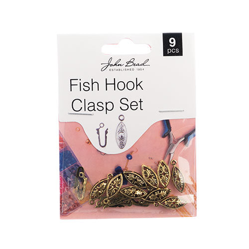 John Bead Fish Hook Clasp Set 7x20mm Ant Gold 9pcs #401-127